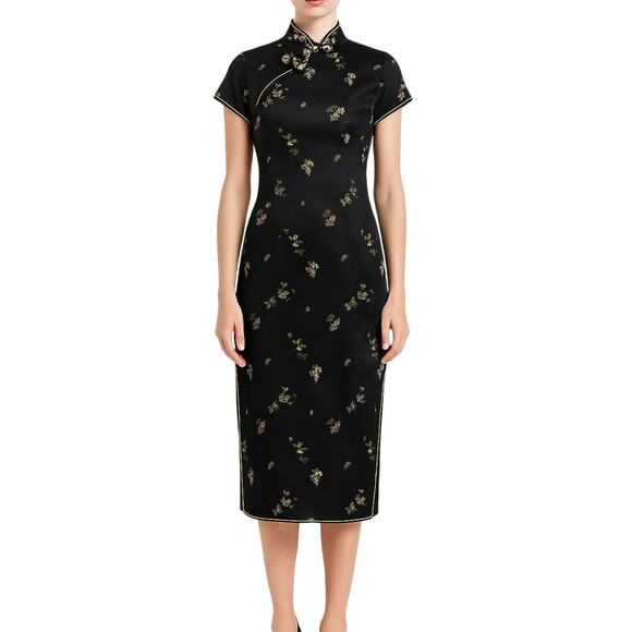 1980s Japenese Vintage Traditional Cheongsam Kimono Dress Black Floral Large - Picture 1 of 7